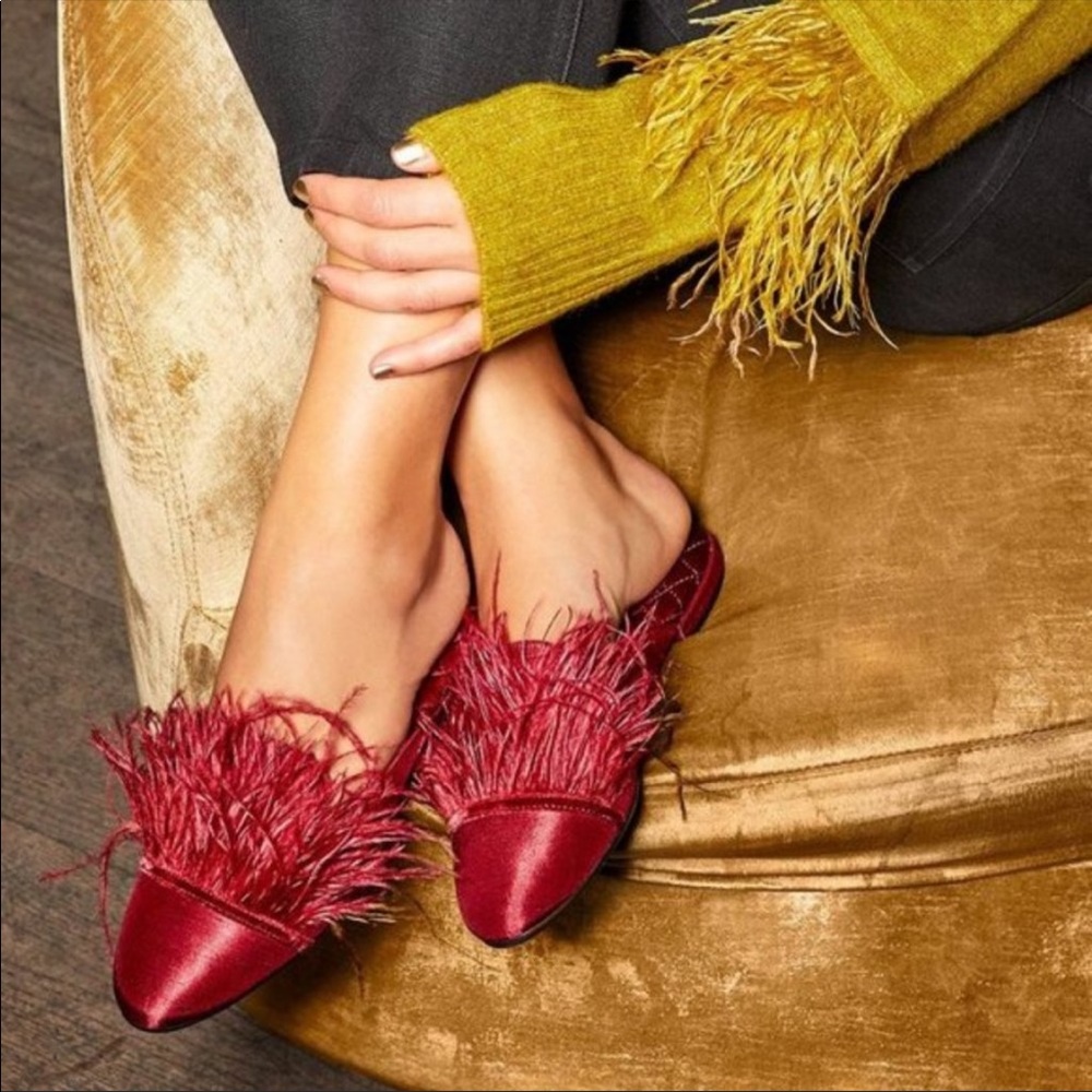 Birdies red feather slip on mule slipper